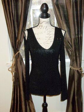 Cache Sparkle black all over sequins top Sz Medium Cold shoulder Y2K